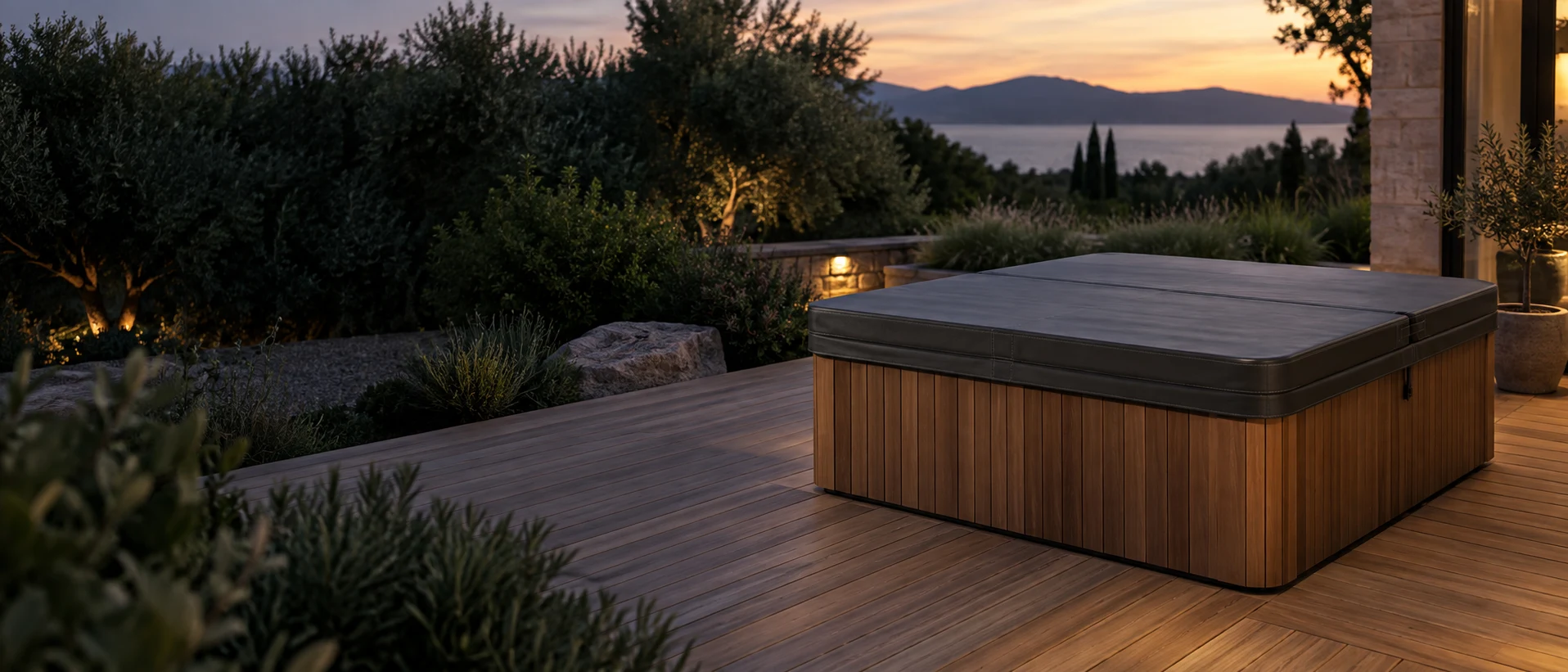 A covered spa on a peaceful terrace at sunset